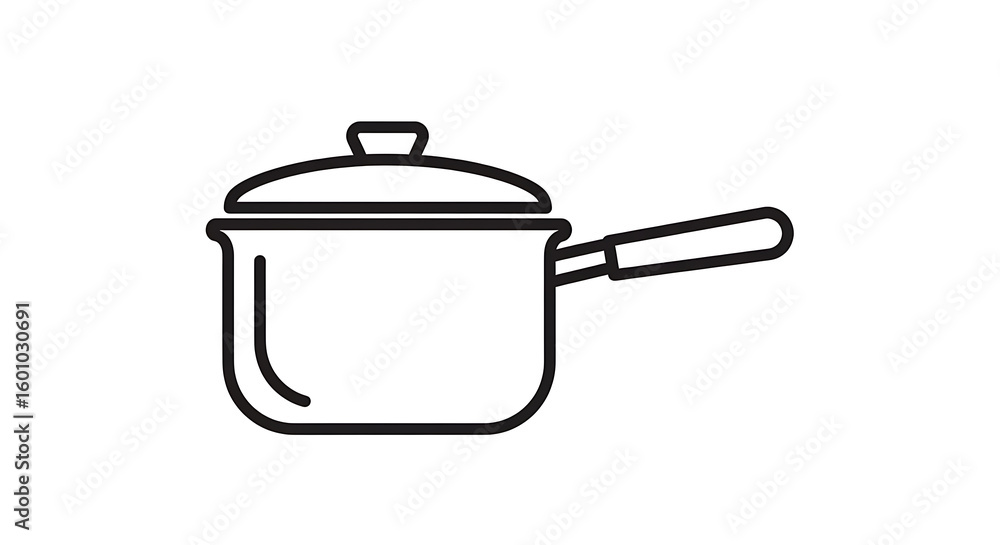 Aufkleber illustration of a saucepan with a lid and handle on a white background in a simple line drawing styl