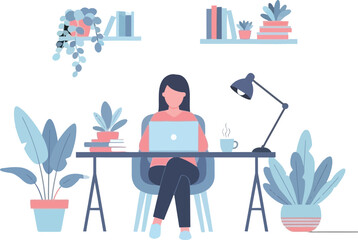 Woman working remotely at desk with laptop surrounded by plants and books