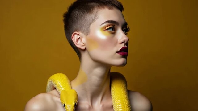Beauty woman short haircut python yellow snake on her neck. A yellow snake on the shoulders of a girl. Beauty yellow eye shadow makeup, dark burgundy lipstick.