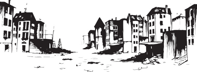 City landscape. Different buildings on street, outline cityscape hand sketch, flat houses. Hand drawn vector illustration