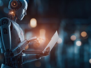 AI agent supporting business processes with automation technology. Generative artificial intelligence analyzing data and predicting future. Businessman using laptop computer.