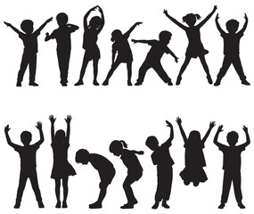 Children Black silhouettes in various active poses on white background kids black and white