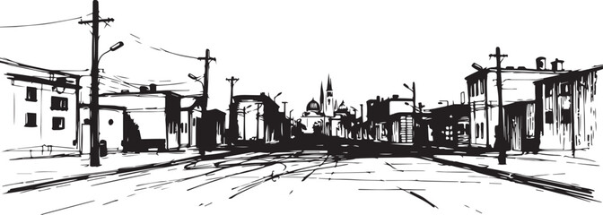 Fototapeta premium City landscape. Different buildings on street, outline cityscape hand sketch, flat houses. Hand drawn vector illustration