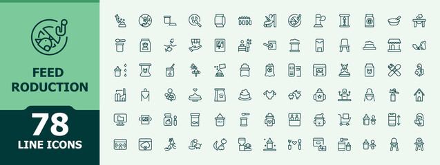 Feed Production icon set. Minimal icons pack. Contains such symbols as food, farm, production, feed, manufacturing. Pixel perfect. Editable vector. Farm line icon set.