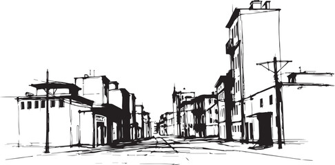 City landscape. Different buildings on street, outline cityscape hand sketch, flat houses. Hand drawn vector illustration