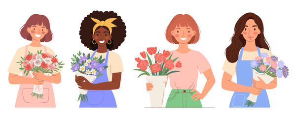 Set of diverse young woman florists of various nationalities with bouquets. Perfect for floral business, flower shops, creative services, or celebration themes. Modern flat vector illustration.