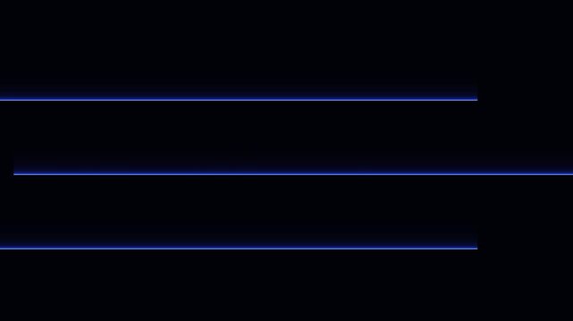 Light neon blue line laser animation moving horizontal from right left on black screen background