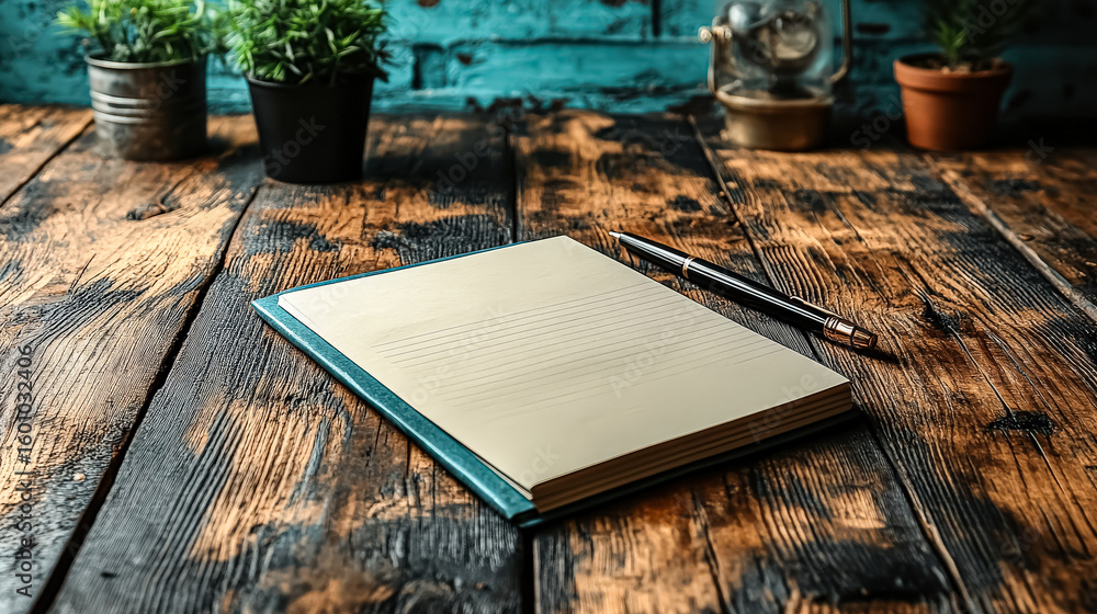 Poster notebook sits on a wooden table with a pen next to it. the notebook is open to a blank page, and the