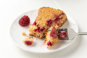 Raspberry Muffin Slice on White Plate with Fresh Berry and Fork, Sweet Dessert