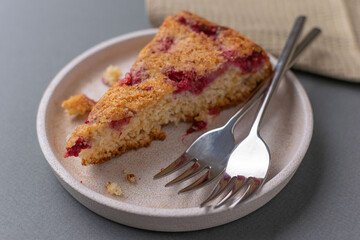 Delicious Berry Cake Slice with Two Forks on a Ceramic Plate