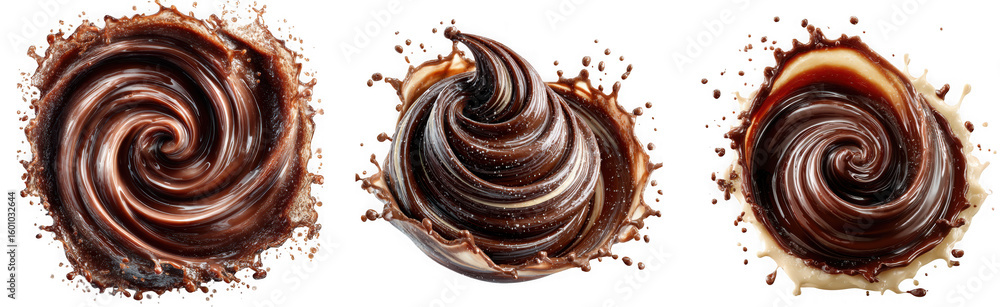 Poster three dynamic swirls of rich chocolate and cream splash and blend together creating an abstract food