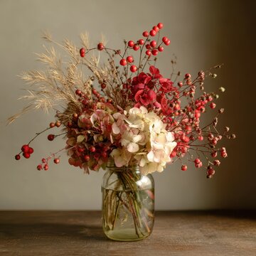 Wild garden-style bouquet in a glass with red berries, faded hydrangeas and ornamental grasses