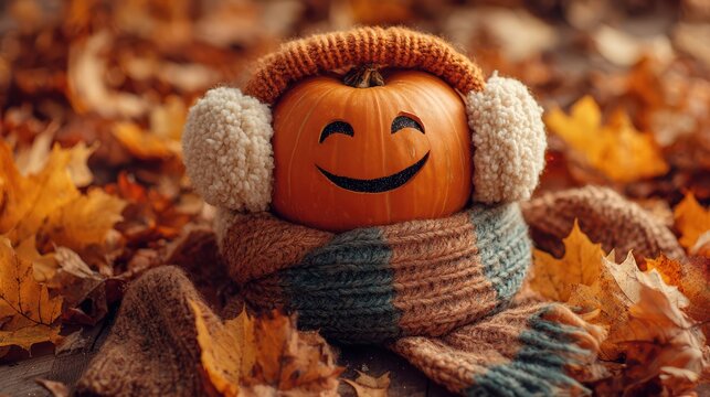 Funny Halloween pumpkin wearing earmuffs and a thick woolen scarf, surrounded by autumn leaves
