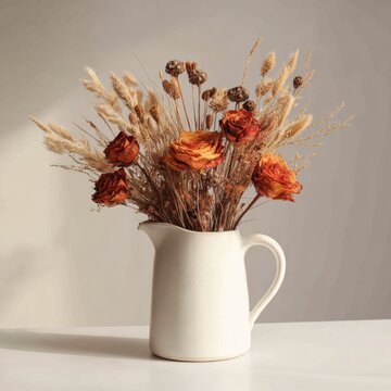Minimalist autumn bouquet of dried grasses, orange roses, and seed pods in a white pitcher