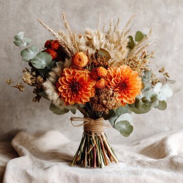Autumn bouquet with dried grasses, orange dahlias and eucalyptus on a linen cloth