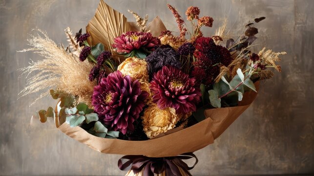 Autumn bouquet with maroon asters, golden blooms and feathery grasses