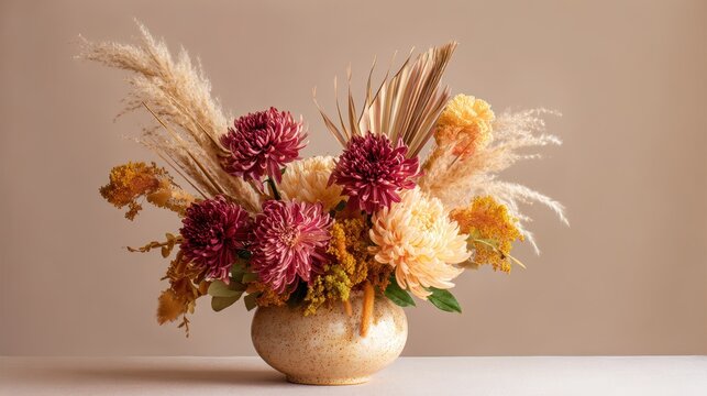 Warm autumn floral bouquet with chrysanthemums, goldenrod, and pampas grass in a vase