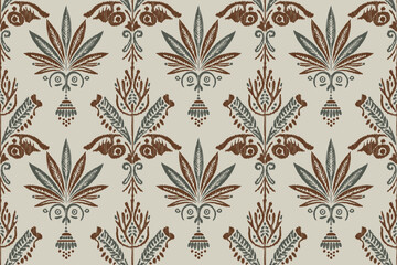 Vector damask seamless pattern background. Elegant luxury texture for wallpapers and decoration.Motifs Ikat floral embroidery.Ethnic oriental pattern traditional.Geometric flower folklore ornaments.