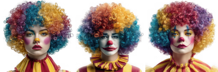 Three women with vibrant curly clown wigs and colorful makeup are shown from the shoulders up posing