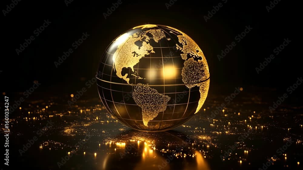 Poster abstract glowing digital planet earth with illuminated continents and golden wireframe grid, portray
