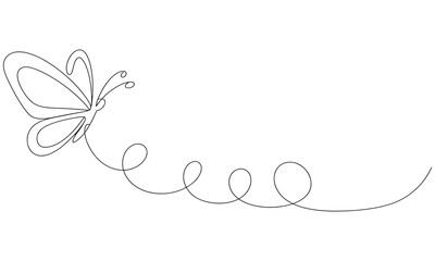 Single line drawing of a butterfly with a curly trail insect line art