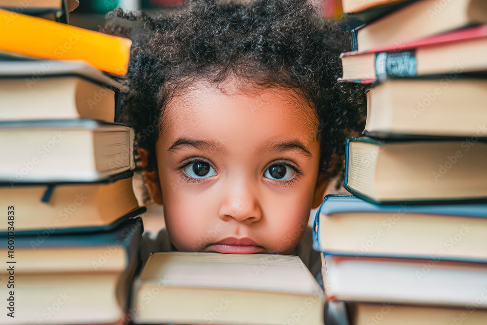 Poster young child is hiding behind a pile of books. the scene is playful and lighthearted, with the child'