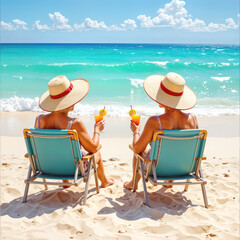 Two senior ladies relax in beach chairs facing a vibrant turquoise ocean, each holding a refreshing drink 