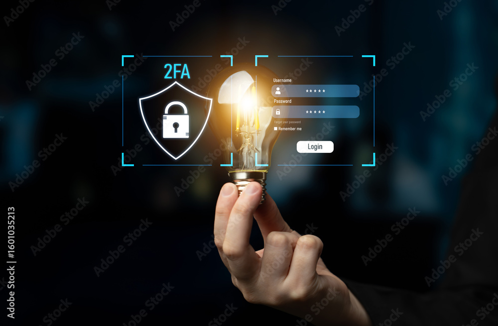 Poster two-factor authentication strengthens login system security. adds protection, two-factor authenticat