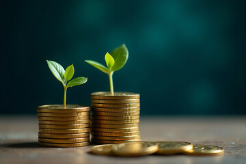 A stack of coins and a plant growing out of one of them. The coins are gold and the plant is green