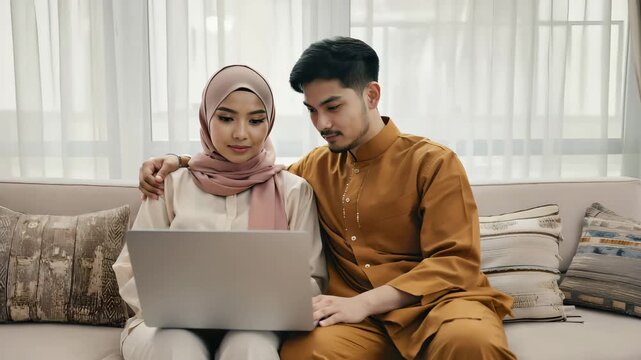 Happy Muslim Couple Sitting on Sofa Using Laptop and Smiling at Each Other in Bright Cozy Living Room &ndash; Modern Islamic Lifestyle and Love Concept