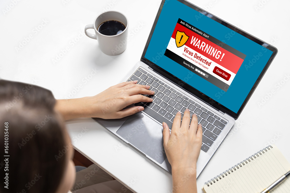 Poster virus warning alert on computer screen detected brisk cyber threat , hacker, computer virus and malw