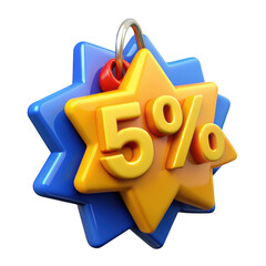 3d rendered starburst discount tag with 5 off isolated on transparent background