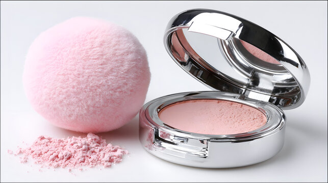 Pink cosmetic powder in a silver compact with a fluffy applicator, showcasing beauty products for makeup enthusiasts, ideal for skincare and cosmetic advertising