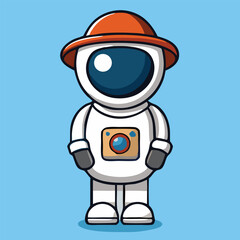 Fototapeta premium Cartoon astronaut character with a camera stands with a light blue background wearing orange hat