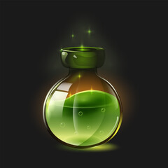 Bottle with green magic potion. Witchcraft elixir, love potion for game interface, Halloween. Glass vial with green glowing liquid. Cartoon vector illustration.
