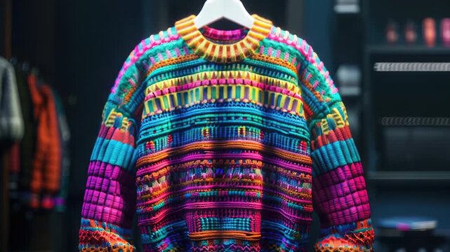 A brightly colored sweater hangs from a rack, waiting for its new owner