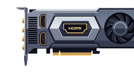 A graphic card with hdmi ports and a cooling fan on a white background in a vector illustration