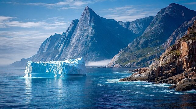 Iceberg floating near rocky coast and mountains in greenland