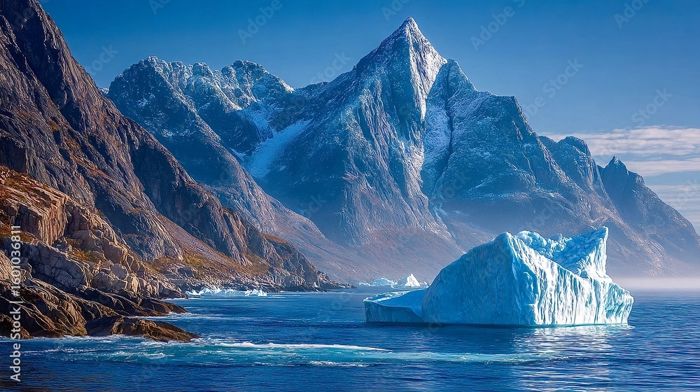 Poster iceberg floating in the ocean with snowy mountains in the background