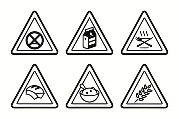 Vector art of a collection of black and white icons depicts warnings hazards and