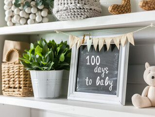 Nursery decor featuring a countdown chalkboard and stuffed animal