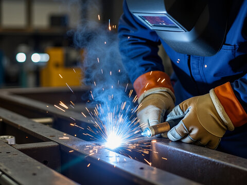 Welder working on metal piece with sparks flying in workshop  