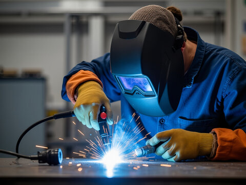 A man in a protective mask and a protective suit welds metal with a torch in a workshop