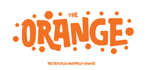 Bold playful cartoon font with juicy orange shapes and funky squared rounded style. Perfect for kids branding, fruit packaging, cheerful titles, and summer visuals. Vector typeset