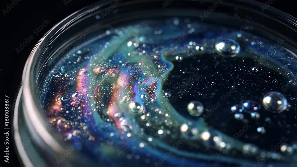 Poster close up macro abstract image of a colorful petrol spill in a glass jar, forming bubbles and creatin