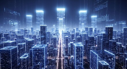 Naklejka premium Futuristic Cityscape with Glowing Blue Outlines a Modern Metropolis in the Digital Age Showing Technological Advancement and Connectivity