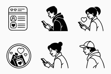 Vector art of people are interacting with social media on devices expressing likes