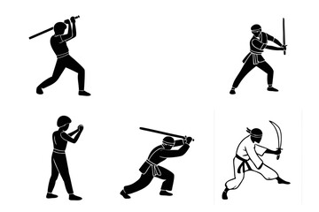 Vector art of a group of ninja warriors are practicing martial arts with swords and