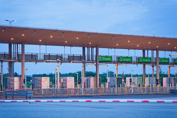 Toll barriers on the Oresund Oeresund Bridge at east near Korsor Kursoer with a white red barrier