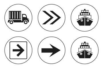 Vector art of a set of black and white icons depicts truck arrow and ship symbols